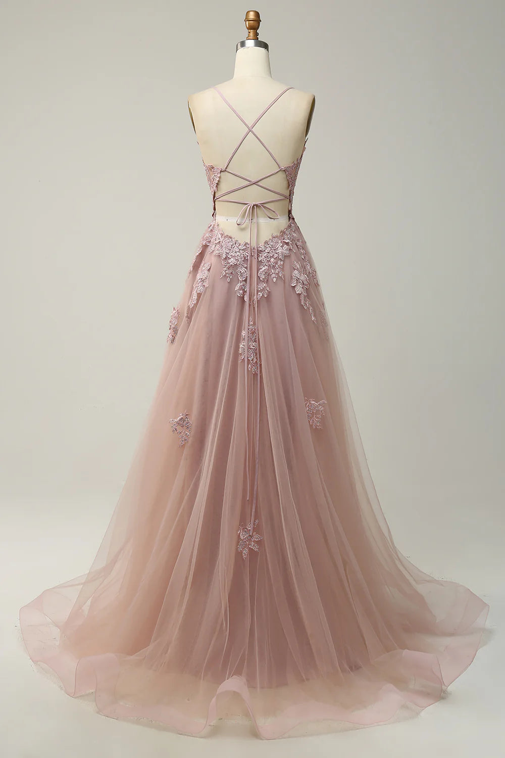 Spaghetti Straps Appliques Tulle Prom Dress