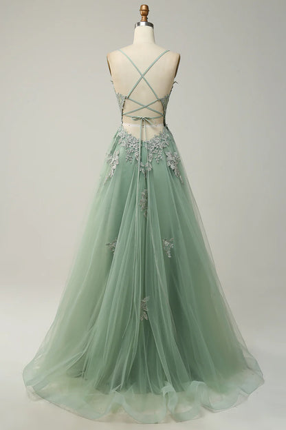 Spaghetti Straps Appliques Tulle Prom Dress