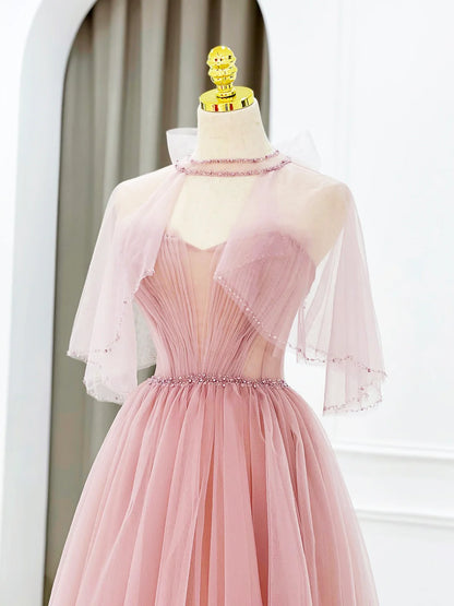 Pink Lovely A-Line Tulle Long Prom Dress with Beaded