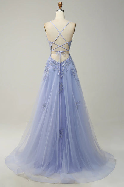 Spaghetti Straps Appliques Tulle Prom Dress