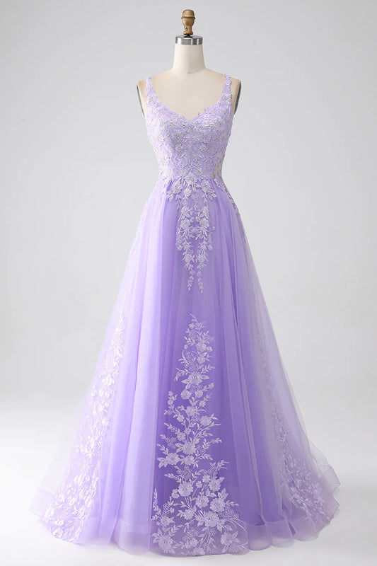 A-Line Spaghetti Straps Tulle Long Prom Dress With Appliques