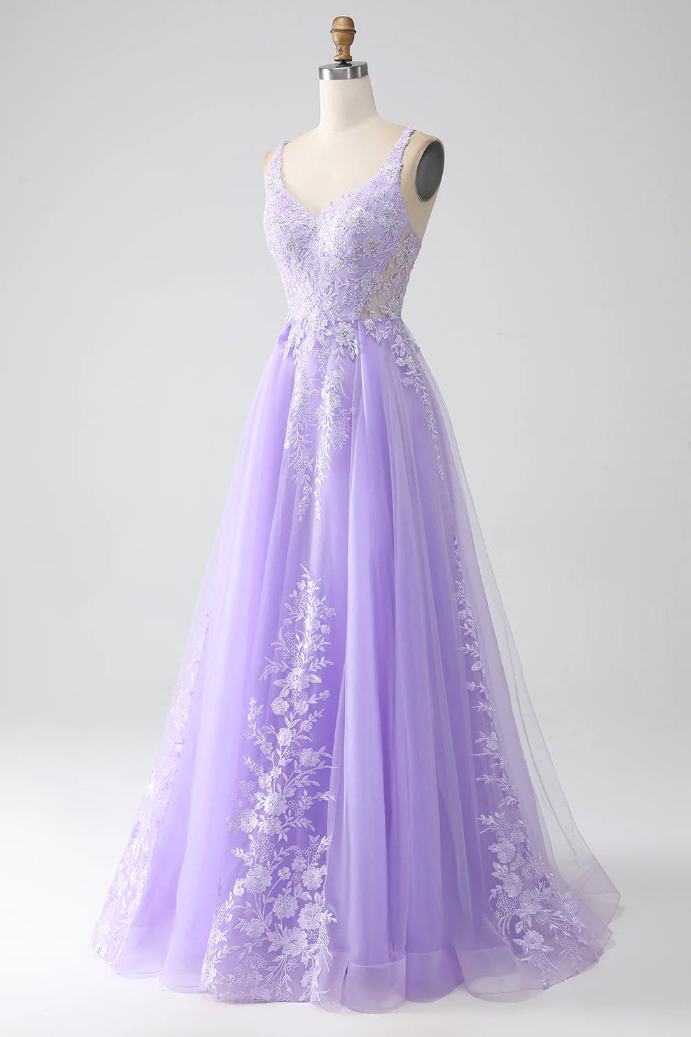 A-Line Spaghetti Straps Tulle Long Prom Dress With Appliques