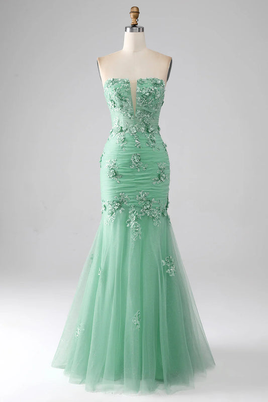 Mermaid Strapless Tulle Long Prom Dress With Appliques