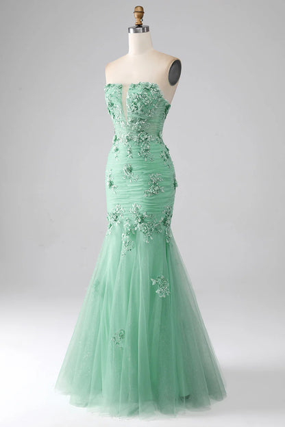 Mermaid Strapless Tulle Long Prom Dress With Appliques