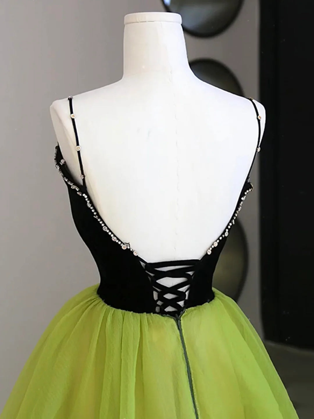 Black Velvet and Green Tulle Long Prom Dress