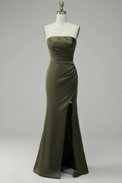 Olive Strapless Satin Prom Dress With Slit