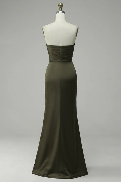 Olive Strapless Satin Prom Dress With Slit