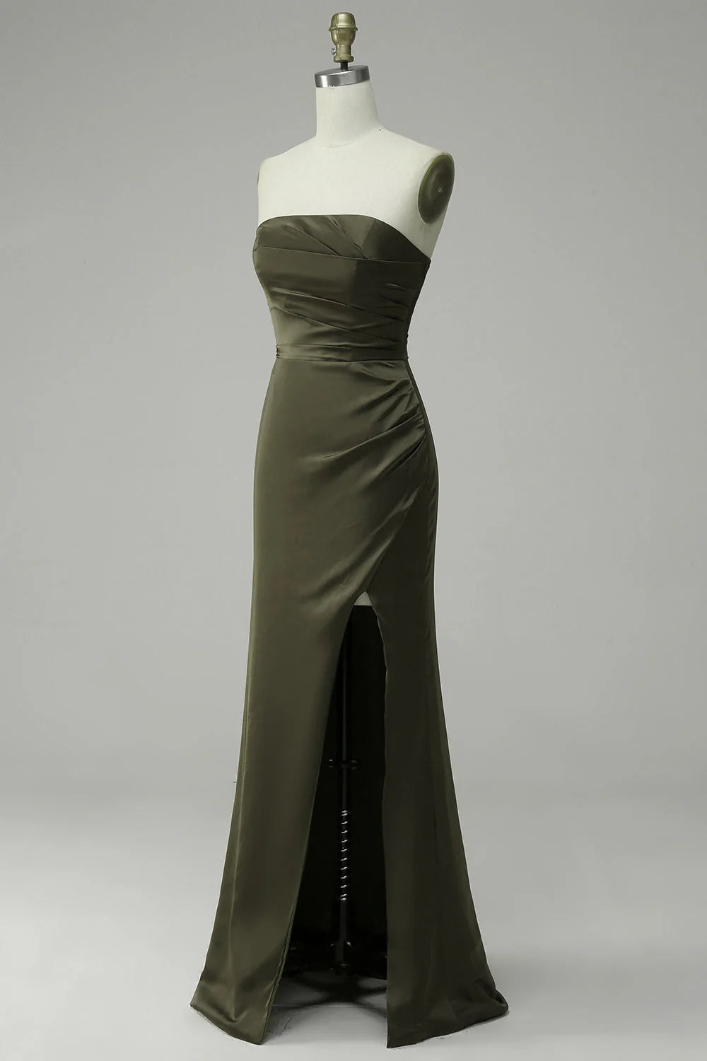 Olive Strapless Satin Prom Dress With Slit