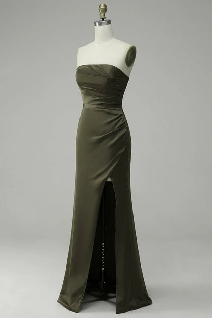 Olive Strapless Satin Prom Dress With Slit