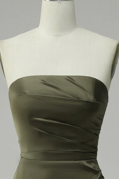 Olive Strapless Satin Prom Dress With Slit