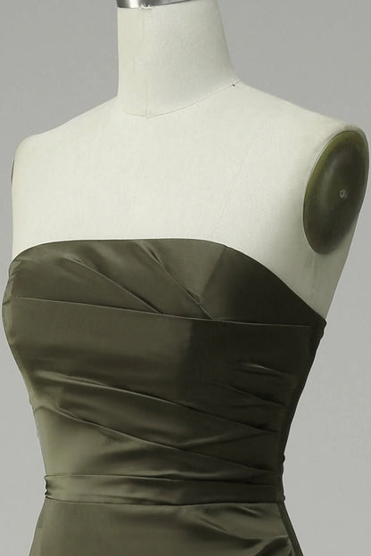 Olive Strapless Satin Prom Dress With Slit