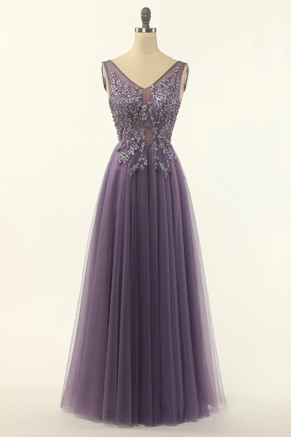 Tulle V Neck Open Back A-Line Prom Dress