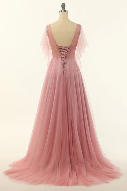 V Neck Open Back Beading Tulle A-Line Prom Dress