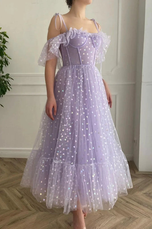 A-Line Off the Shoulder Purple Tulle Short Prom Dresses