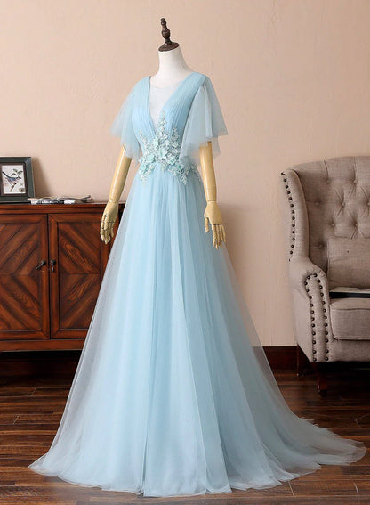 A-Line Blue V-Neck Lace Long Prom Dresses