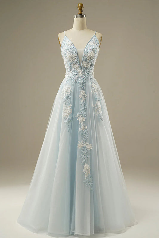 A-Line Light Blue Open Back Tulle Prom Dress