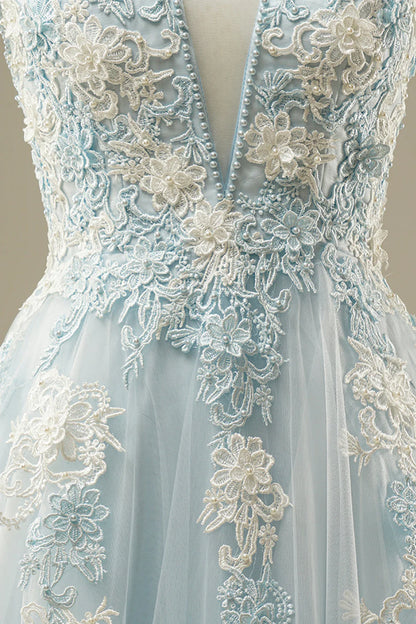 A-Line Light Blue Open Back Tulle Prom Dress