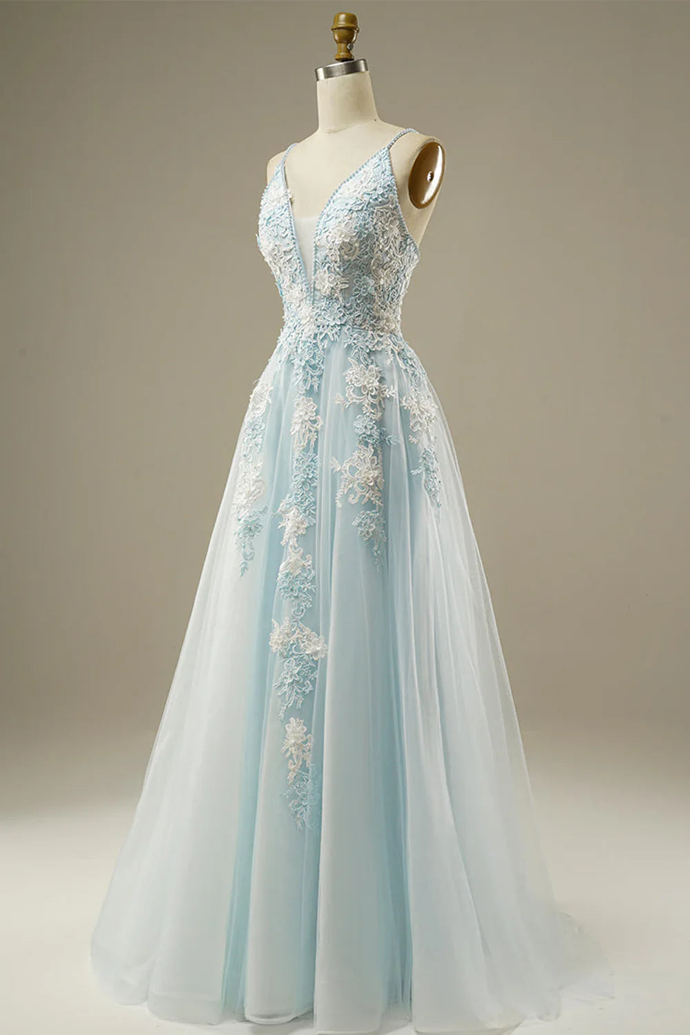 A-Line Light Blue Open Back Tulle Prom Dress