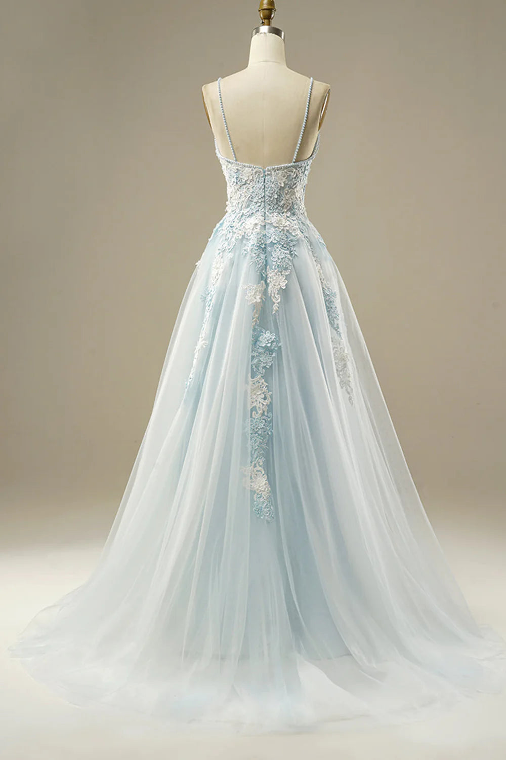 A-Line Light Blue Open Back Tulle Prom Dress