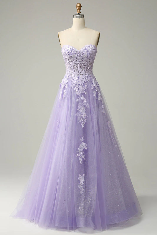 Purple A Line Spaghetti Straps Long Prom Dress With Appliques