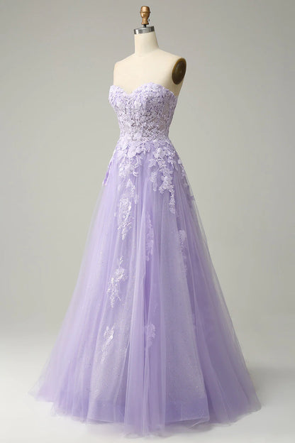 Purple A Line Spaghetti Straps Long Prom Dress With Appliques