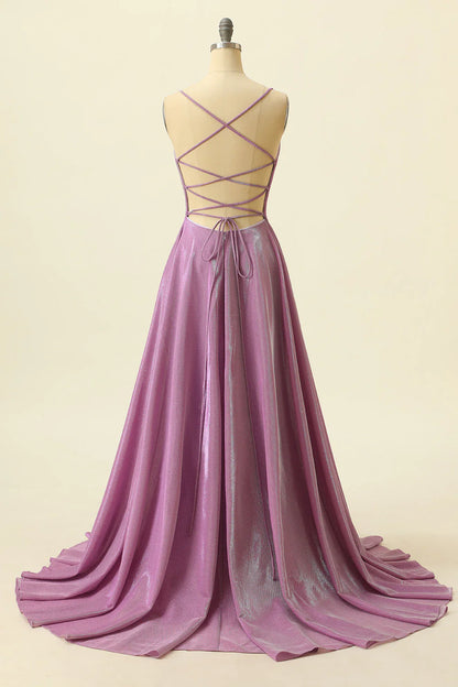 Purple V-Neck Floor-Length Sparkly Prom Dress