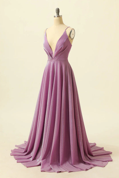 Purple V-Neck Floor-Length Sparkly Prom Dress