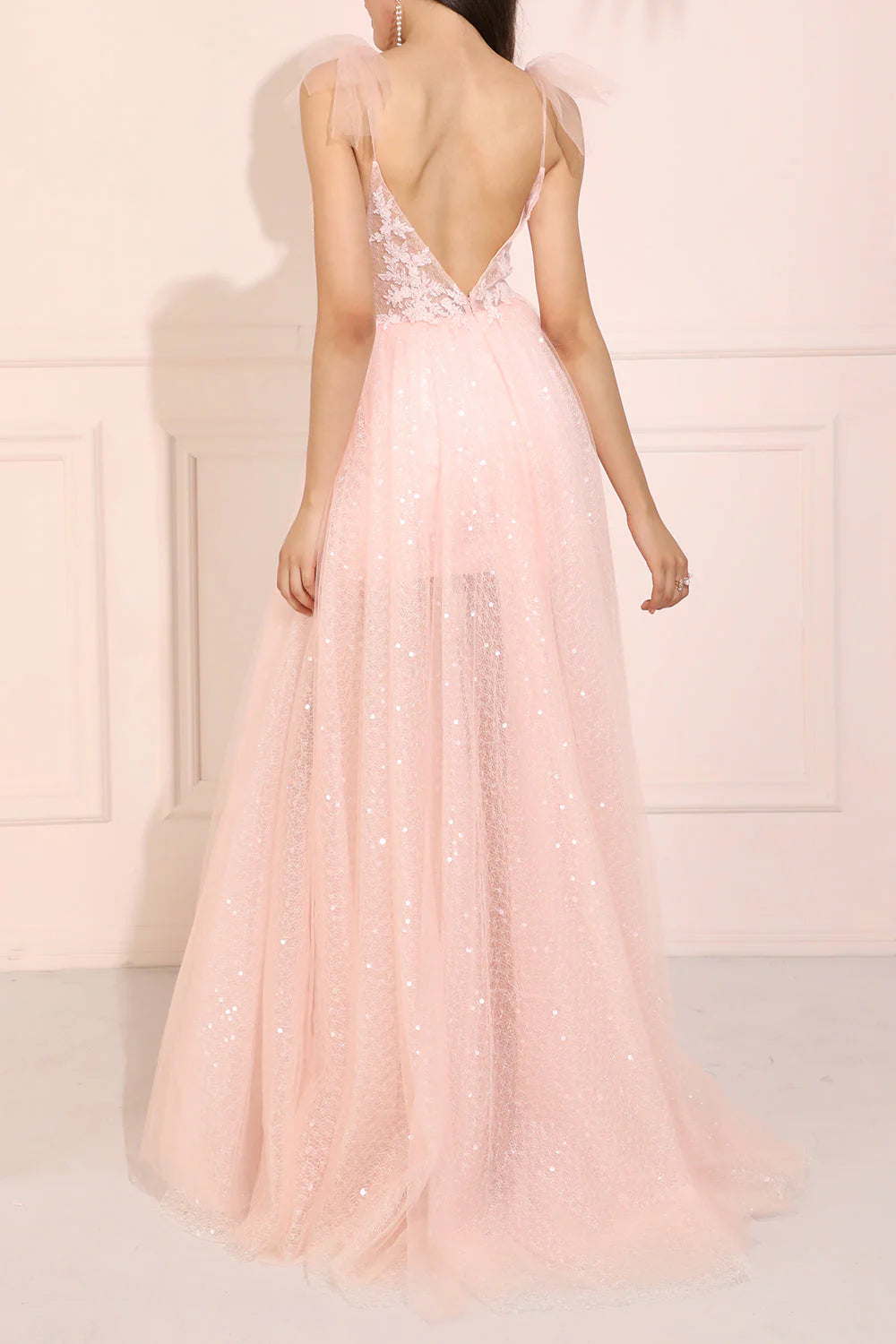 Glitter Pink Long Prom Dress With Open Back