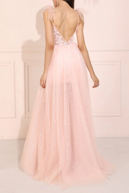 Glitter Pink Long Prom Dress With Open Back