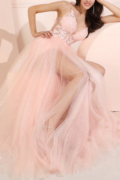 Glitter Pink Long Prom Dress With Open Back