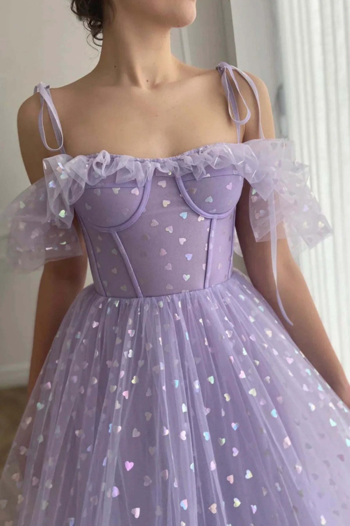 A-Line Off the Shoulder Purple Tulle Short Prom Dresses