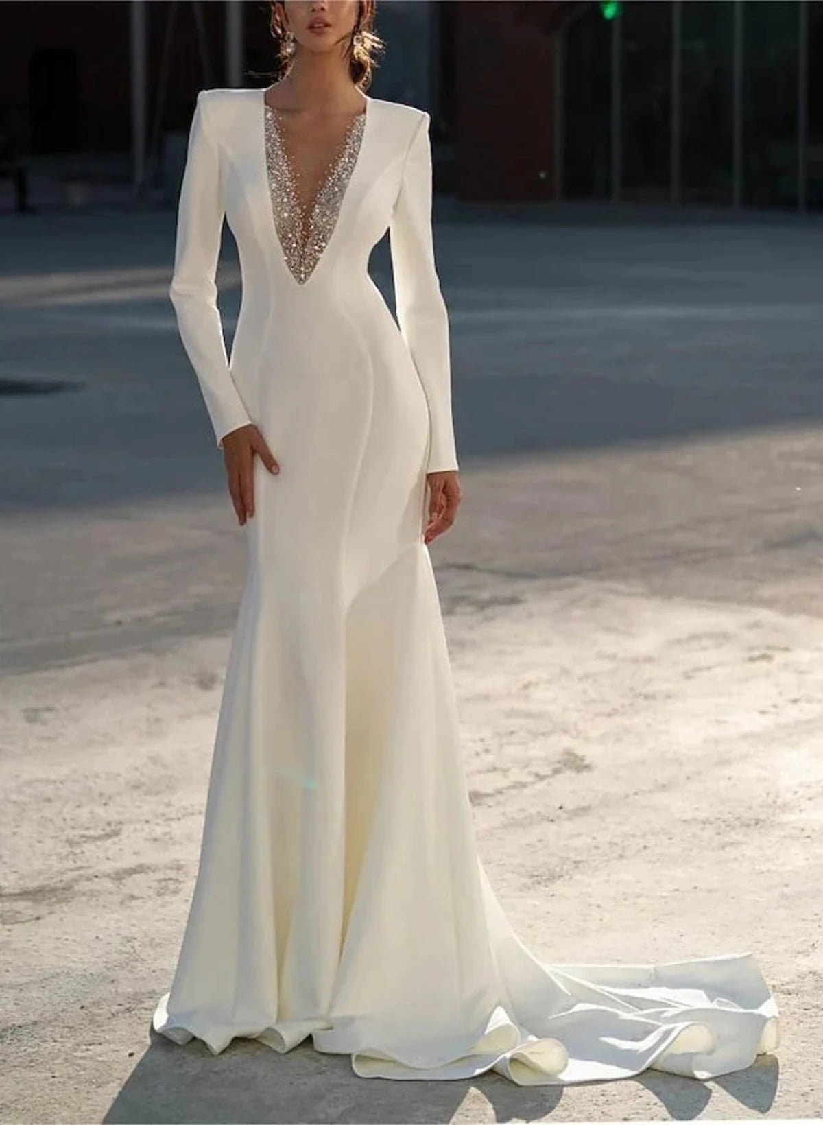 Mermaid V-Neck Long Sleeves Floor-Length Wedding Dresses With Beading