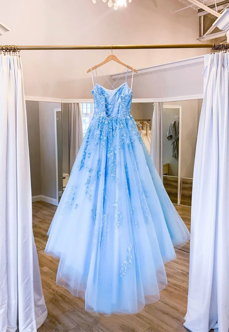 A-Line Formal Graduation Blue Lace Long Prom Dresses