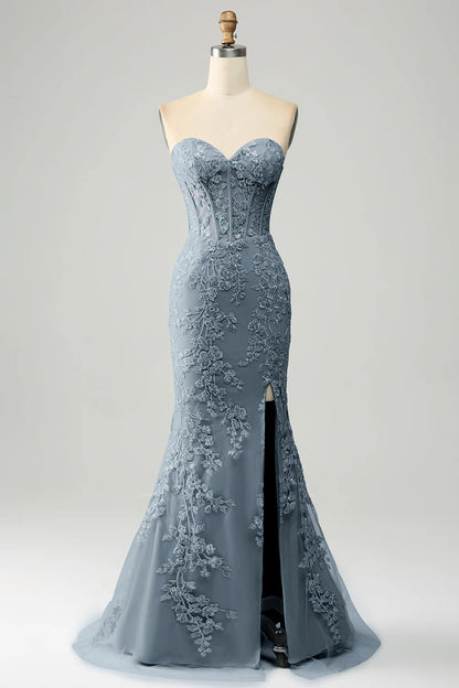 Mermaid Sweetheart Corset Appliques Prom Dress With Side Slit
