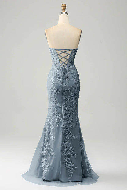 Mermaid Sweetheart Corset Appliques Prom Dress With Side Slit