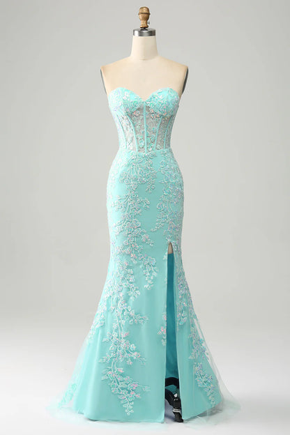 Mermaid Sweetheart Corset Appliques Prom Dress With Side Slit