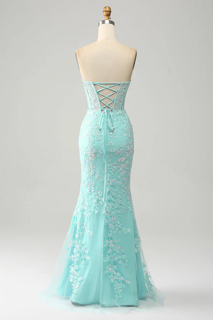 Mermaid Sweetheart Corset Appliques Prom Dress With Side Slit