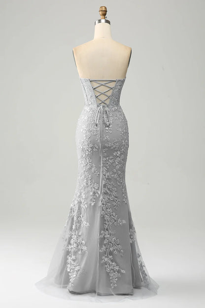 Mermaid Sweetheart Corset Appliques Prom Dress With Side Slit