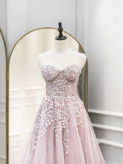 Cute Tulle Sweetheart Long A-Line Prom Dress with Lace