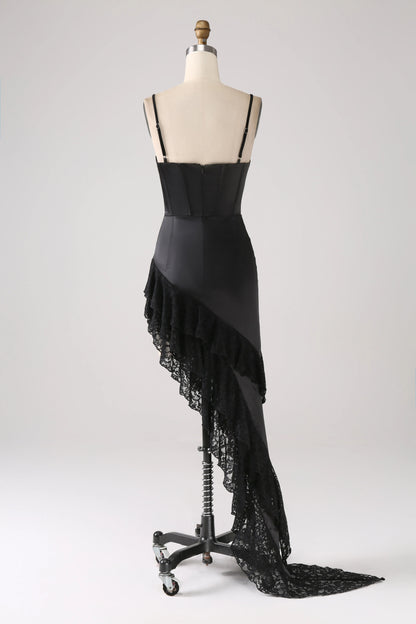 Asymmetrical Spaghetti Straps Prom Dress With Ruffles