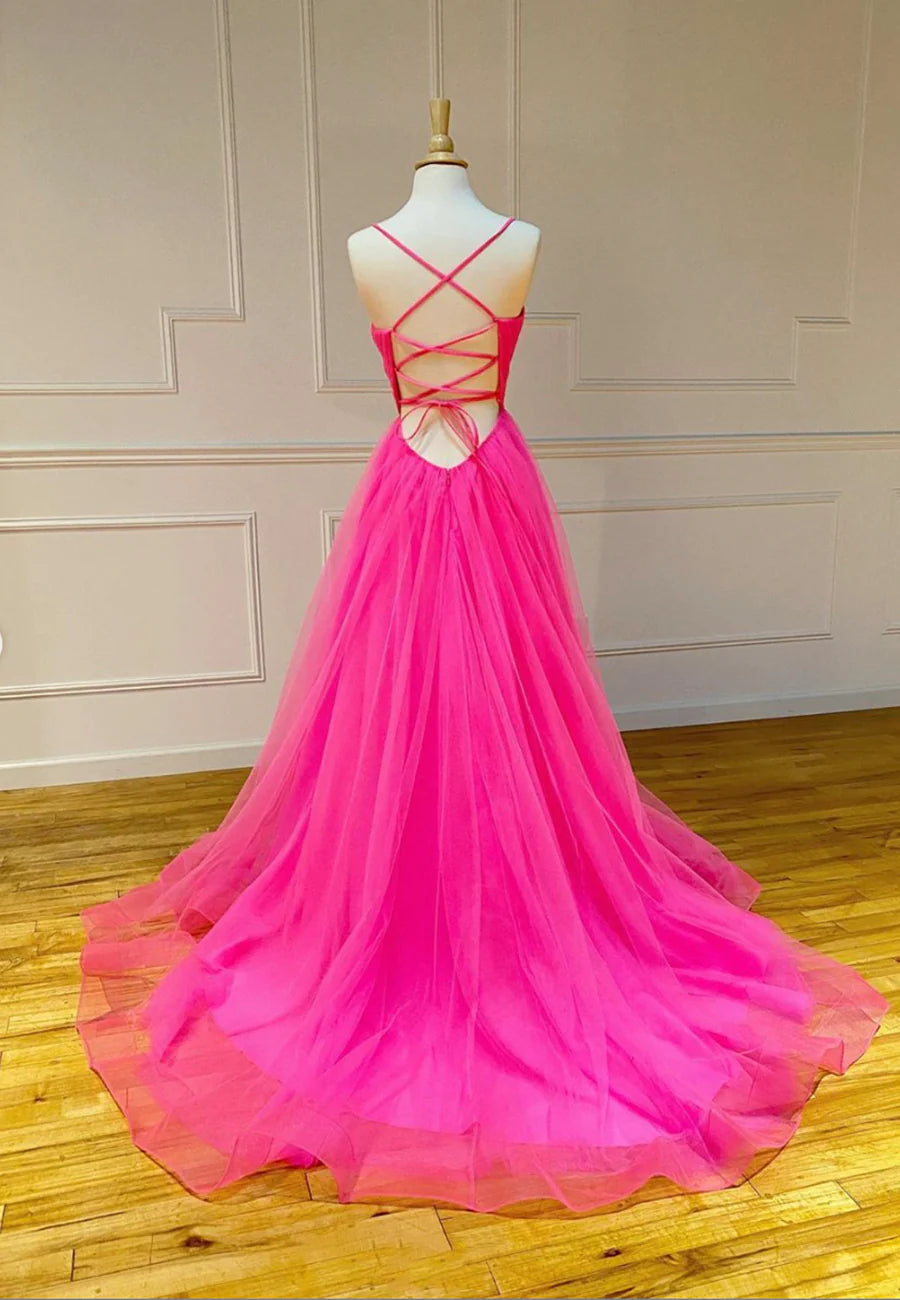 A-Line Simple V-Neck Tulle Long Prom Dresses