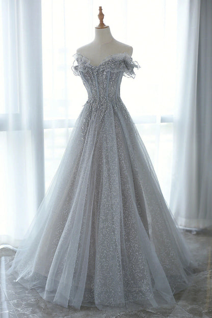 Gray Off the Shoulder Tulle Sequins Long Prom Dress