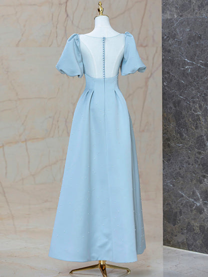 A-Line Blue Satin Pearl Long Prom Dress With Pearl Decoration