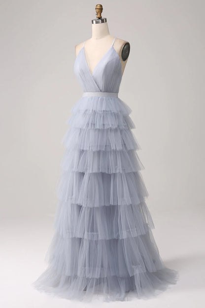 A Line Tiered Tulle Backless Long Prom Dress