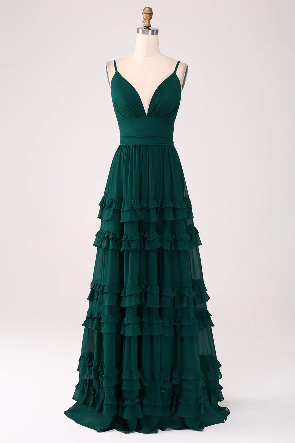 Spaghetti Straps Tiered Dark Green Prom Dress With Pleated