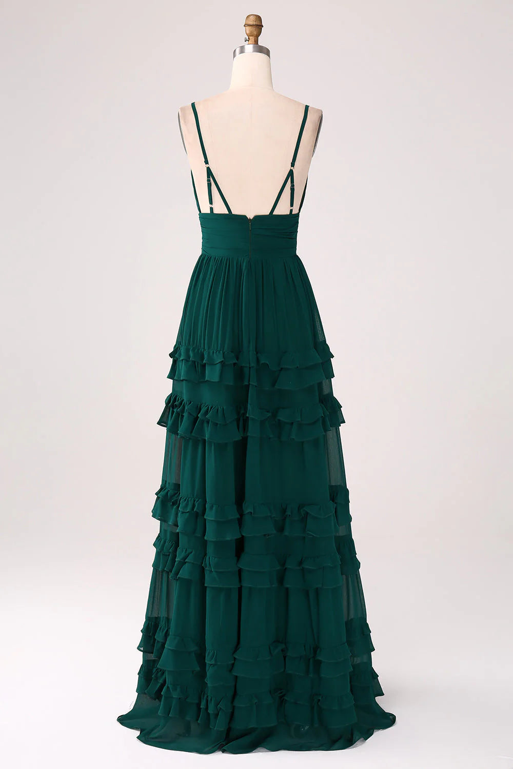 Spaghetti Straps Tiered Dark Green Prom Dress With Pleated