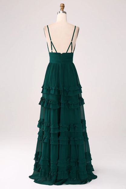 Spaghetti Straps Tiered Dark Green Prom Dress With Pleated