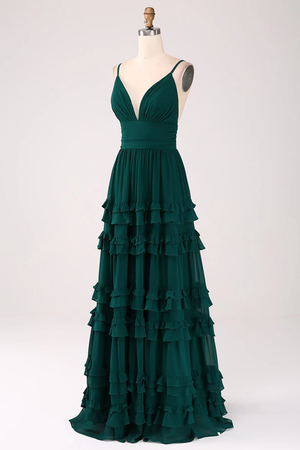 Spaghetti Straps Tiered Dark Green Prom Dress With Pleated