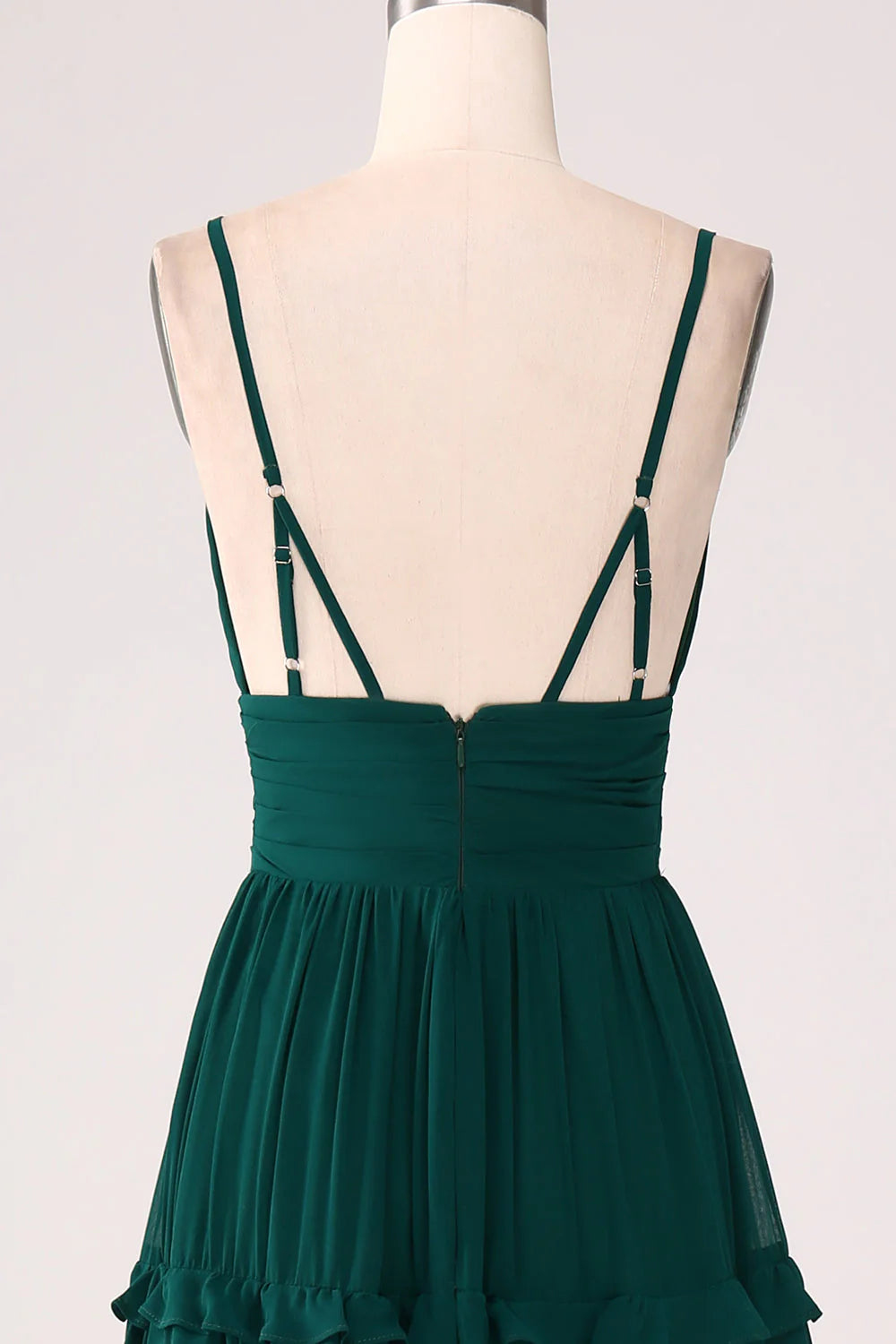 Spaghetti Straps Tiered Dark Green Prom Dress With Pleated