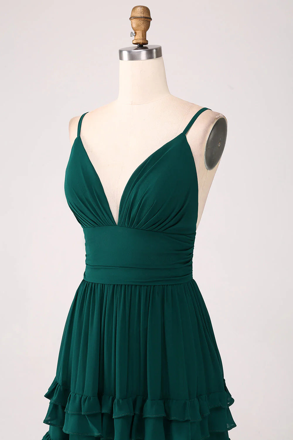 Spaghetti Straps Tiered Dark Green Prom Dress With Pleated